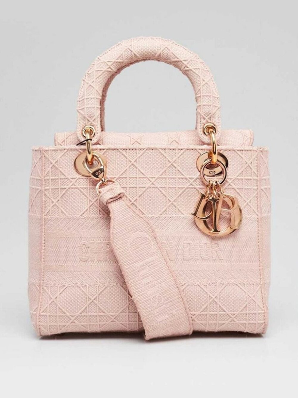 Christian Dior Light Pink Cannage Embroidery Canvas Medium Lady D-Lite Bag